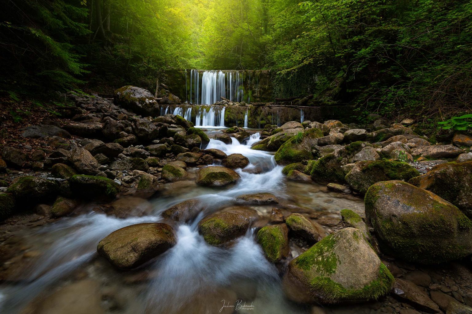 DSC5613 w Magical Light-Gorges du Chaudron-Suisse-cascade montreux-cascade suisse-vert-jungle-lumière verte-Julien Bukowski-Tirage art