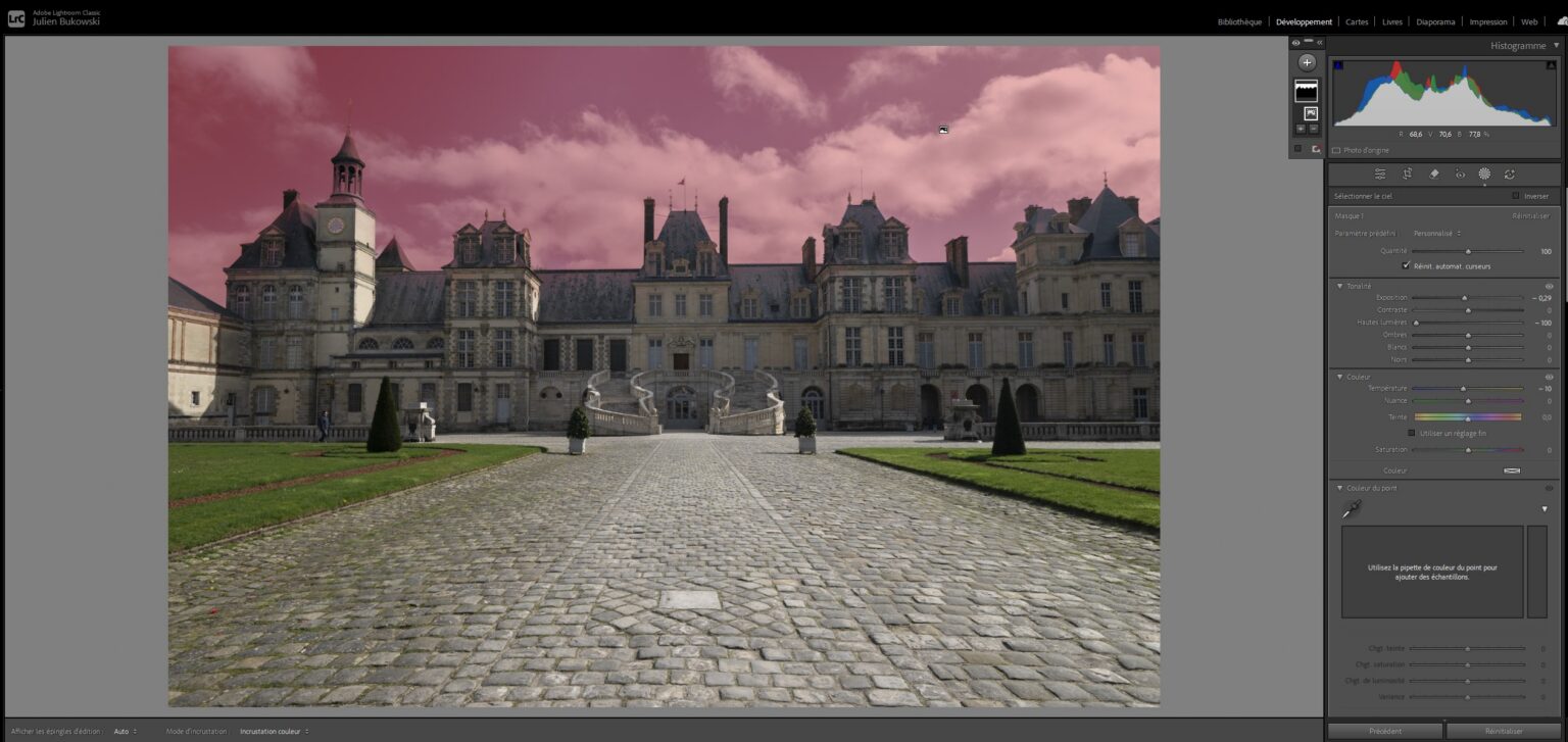 Le masque Selectionner le ciel de Lightroom (zone rouge) isole le ciel, avec les curseurs exposition et hautes lumieres