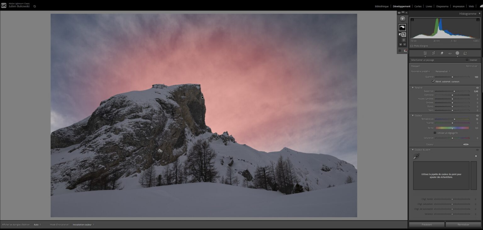 Masque radial dans Lightroom avec la montagne soustraite pour travailler la lumiere du ciel sans toucher au sommet enneige